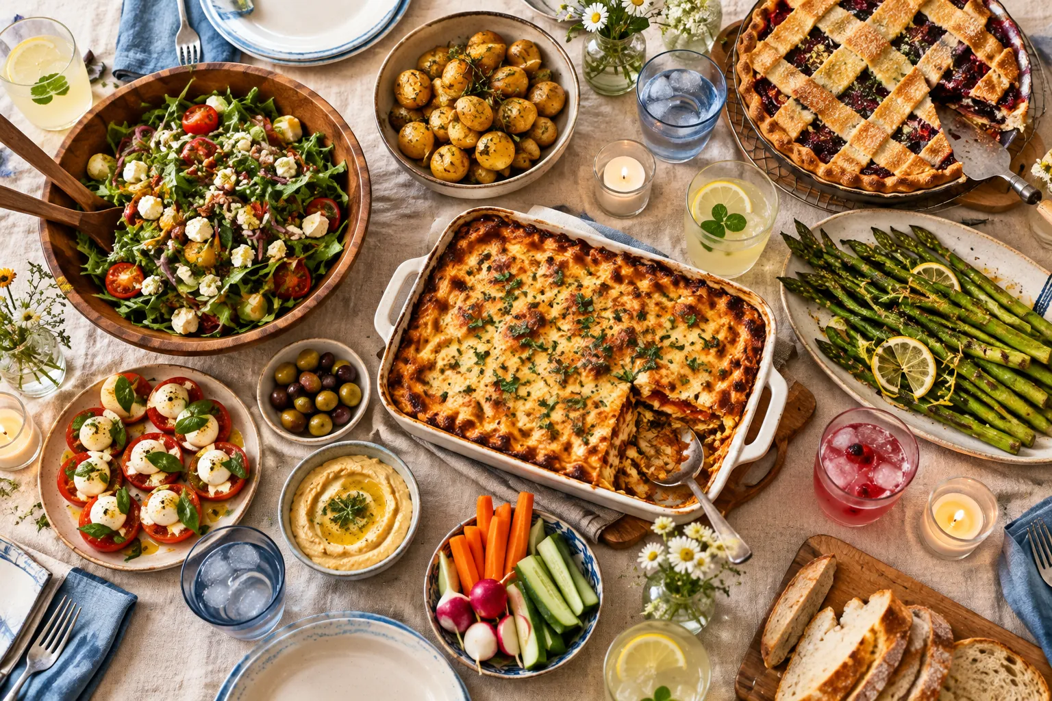 A potluck table with salad, a main dish, appetizers, pie, sides, and drinks
